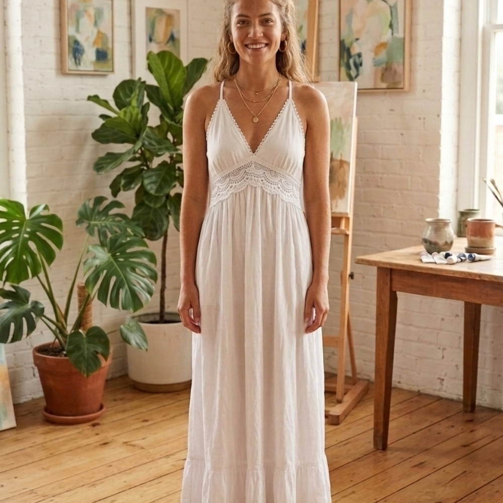 Women's White Lace-Trim Maxi Dress with Spaghetti Straps